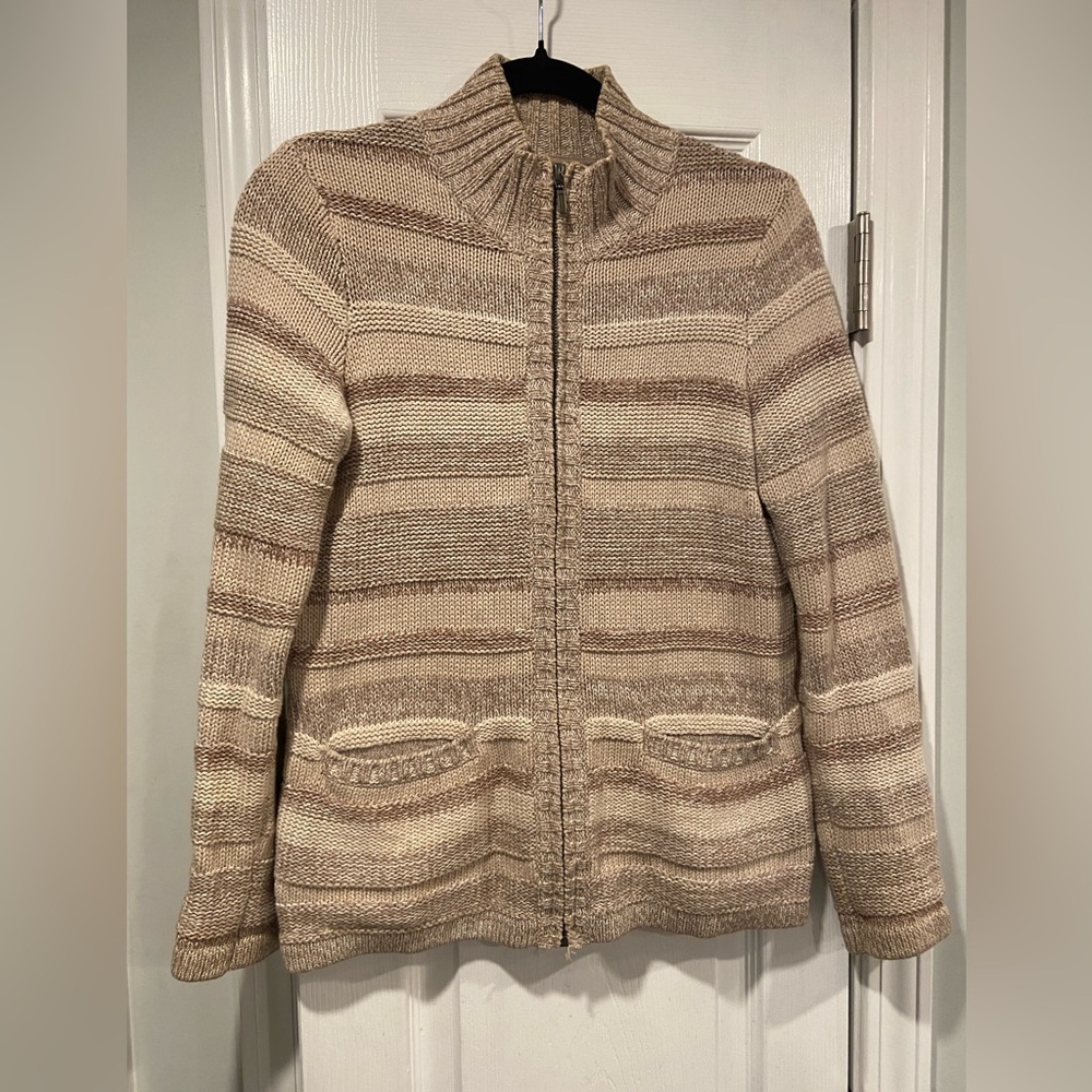 L.L. Bean Tan Striped Cotton Mock Neck Full Zip Knit Cardigan Sweater Size S P